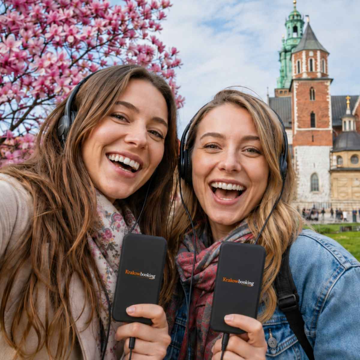 Venner tar en selfie med KrakowBooking-lydguider på Wawel-høyden i Kraków