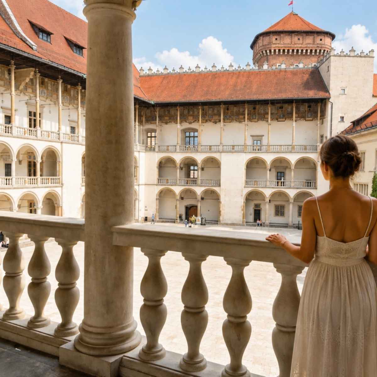 Kvinne i sommerkjole i klostergangene på Wawel i Kraków