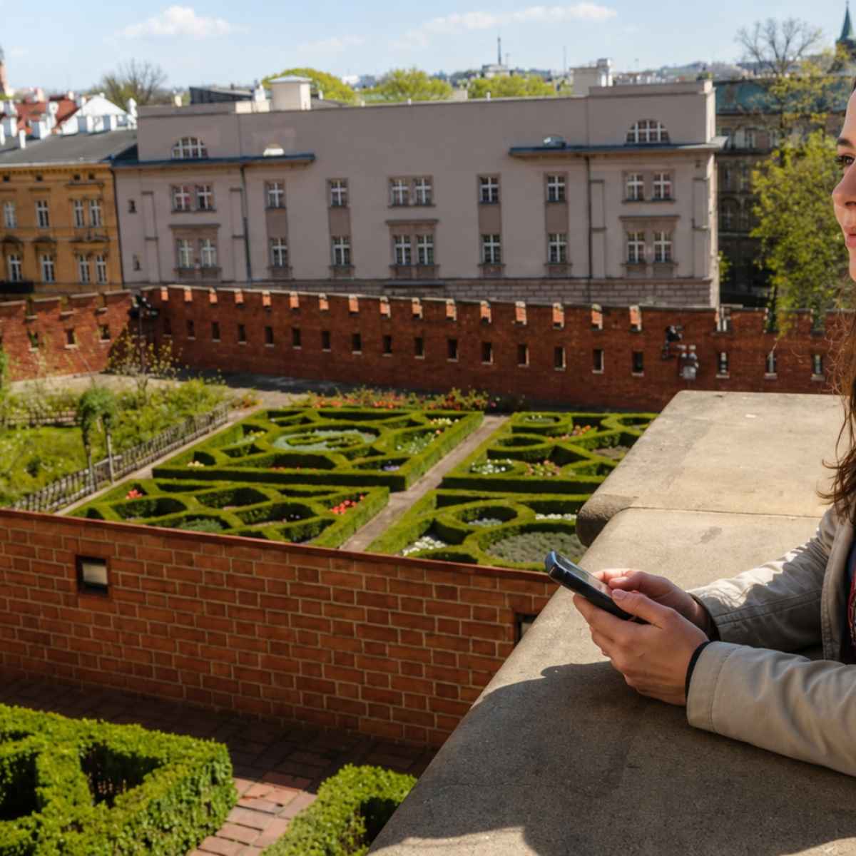 Kvinne lytter til en lydguide med utsikt over Wawel-hagene i Kraków