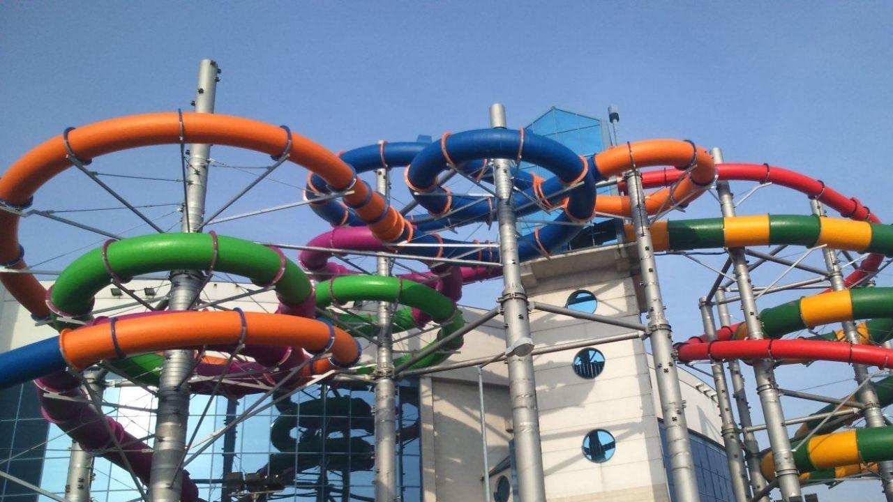Exterior view of Aquapark Krakow showing the exciting water slides