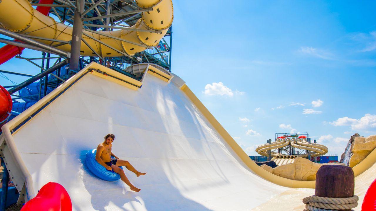 Close-up of a thrilling water slide in Energylandia, the largest outdoor water park in Poland